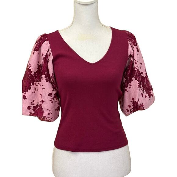 Dolan pink/maroon puff sleeve top, XS, romantic, feminine, elegant, soft glam - Picture 1 of 4